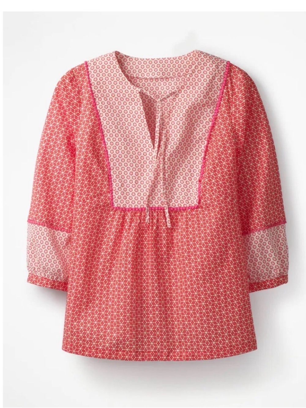 Boden Gauzy tie neck top in a red and white boho star print. Size M
